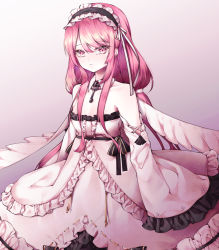 Rule 34 | 1girl, azur lane, bad id, bad pixiv id, bare shoulders, black ribbon, breasts, center frills, collarbone, cowboy shot, cross-laced clothes, detached collar, detached sleeves, dress, frilled dress, frilled hairband, frilled sleeves, frills, gradient background, hairband, highres, hyunnim01, long hair, looking at viewer, low twintails, perseus (azur lane), pink eyes, pink hair, ribbed dress, ribbon, sash, sidelocks, sleeves past fingers, sleeves past wrists, small breasts, solo, strapless, swept bangs, twintails, white dress, white wings, wings