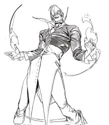 Rule 34 | 1boy, choker, collarbone, fire, fire, greyscale, hair over one eye, half-closed eyes, highres, lomizuki, male focus, monochrome, open hand, open mouth, simple background, sketch, smile, solo, teeth, the king of fighters, white background, yagami iori