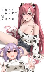 Rule 34 | 2021, 2girls, :d, absurdres, animal ears, animal print, arm support, black shorts, blush, bra strap, breasts, cleavage, cow ears, cow horns, cow print, denim, denim shorts, earrings, fake animal ears, fake horns, glint, gou d, hairband, happy new year, highres, horns, jewelry, large breasts, long hair, looking at viewer, lying, medium breasts, medium hair, micro shorts, multiple girls, new year, off-shoulder sweater, off shoulder, on back, open mouth, original, purple hair, red eyes, red hair, sharp teeth, shorts, simple background, single earring, sleeves past wrists, smile, sweater, teeth, turtleneck, turtleneck sweater, twintails, two side up, upper teeth only, v, very long hair, white background, white sweater