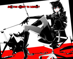 Rule 34 | 1boy, amamiya ren, bad id, bad pixiv id, belt, boots, chair, crossdressing, cuffs, elbow gloves, english text, gloves, hair between eyes, handcuffs, hat, high heel boots, high heels, lipstick, makeup, male focus, office chair, pantyhose, persona, persona 5, persona 5: dancing star night, persona dancing, police, police uniform, red eyes, riding crop, short sleeves, sitting, skirt, solo, swivel chair, syringe, trap, uniform, wig, yuu (isis7796)