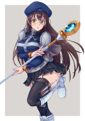 Rule 34 | 1girl, armor, black legwear, black skirt, boots, cross-laced footwear, cross print, dress, garter straps, glasses, grey background, hat, highres, holding, holding staff, knee boots, knife, lace-up boots, long hair, looking to the side, miniskirt, original, parted lips, pauldrons, pleated skirt, rimless eyewear, shoulder armor, simple background, skirt, solo, staff, standing, standing on one leg, throwing knife, toriatto gununu, very long hair, weapon, white footwear, wrist cuffs, yellow eyes