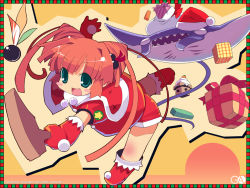 Rule 34 | 1girl, :d, ankle boots, blush stickers, boots, capelet, christmas, dress, fish, fur trim, gagraphic, gloves, green eyes, hanetsuki, hat, magical rain chan, open mouth, orange hair, red dress, red footwear, red gloves, santa costume, santa hat, short hair, smile, solo, wallpaper, zankuro