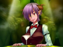 Rule 34 | 00s, 1girl, 2boys, armband, bartender, bow, bowtie, breasts, buttons, censored, cocktail glass, colored skin, cuff links, cum, cum in container, cum in cup, cup, dark skin, demon girl, demon horns, drinking glass, fleur-de-lis, game cg, gokkun, green skin, high collar, holding, horns, large breasts, lilith-soft, long sleeves, male masturbation, masturbation, monster, multiple boys, nail polish, navel, one-eyed, orange eyes, orc, penis, plump, purple hair, scar, shindol, short hair, sitting, solo focus, standing, table, taimanin (series), taimanin asagi, taimanin asagi kessen arena, testicles, veins, velvet (taimanin asagi), vest, wine glass