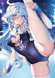 Rule 34 | 1girl, ahoge, bare shoulders, blue eyes, blue hair, blue leotard, blush, breasts, brooch, commentary, covered navel, detached sleeves, english commentary, furina (genshin impact), genshin impact, highres, jewelry, leg up, leotard, long hair, long sleeves, medium breasts, no headwear, parted lips, skindentation, solo, split, squchan, standing, standing on one leg, thighhighs, thighs, very long hair, white thighhighs