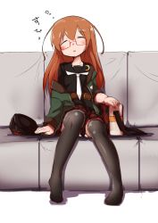 Rule 34 | 10s, 1girl, black serafuku, black thighhighs, blush, brown hair, checkered clothes, checkered skirt, commentary request, crescent, crescent pin, closed eyes, glasses, kantai collection, long hair, mochizuki (kancolle), nassukun, necktie, no shoes, open mouth, panties, pantyshot, pleated skirt, red-framed eyewear, school uniform, serafuku, sitting, skirt, sleeping, solo, thighhighs, underwear, white panties