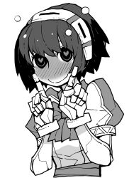 Rule 34 | 1girl, android, blush, bow, bowtie, bubble, commentary, dorothy haze, dowman sayman, full-face blush, hairband, heart, heart-shaped pupils, highres, index fingers raised, joints, looking at viewer, puffy short sleeves, puffy sleeves, robot joints, shirt, short hair, short sleeves, simple background, smile, solo, symbol-shaped pupils, upper body, va-11 hall-a, white background