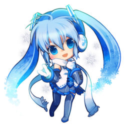 Rule 34 | 1girl, alternate color, alternate hair color, blue eyes, blue hair, chibi, detached sleeves, gloves, hatsune miku, headphones, long hair, looking at viewer, matching hair/eyes, n:go, open mouth, scarf, skirt, smile, snowflakes, solo, twintails, very long hair, vocaloid, yuki miku