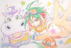 Rule 34 | 1boy, ahoge, belt, bow, bowtie, cape, clenched hand, confetti, duel monster, ebina hidekazu, foreshortening, goggles, goggles on head, green eyes, green hair, hat, hat bow, jewelry, male focus, multicolored hair, necklace, one eye closed, orange shirt, performapal hip hippo, purple hat, red eyes, red hair, sakaki yuya, shirt, smile, traditional media, wristband, yu-gi-oh!, yu-gi-oh! arc-v