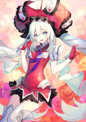 Rule 34 | 1girl, azu-taro, bad id, bad pixiv id, blue eyes, blush, fate/grand order, fate (series), gloves, hat, long hair, looking at viewer, marie antoinette (fate), open mouth, red gloves, skirt, smile, solo, thighhighs, twintails, white hair