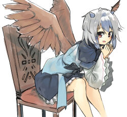 Rule 34 | 1girl, :d, bare legs, bird wings, blue hair, blush, chair, feet out of frame, ginnkei, grey hair, hands up, happy, head wings, highres, horns, layered sleeves, leaning forward, long sleeves, looking at viewer, looking to the side, multicolored hair, open mouth, petticoat, red eyes, short over long sleeves, short sleeves, sitting, skirt, smile, solo, tokiko (touhou), touhou, two-tone hair, wide sleeves, wings