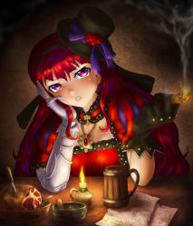 Rule 34 | 1girl, boken fantasy, candle, cigar, cup, elbows on table, flower, food, gloves, hat, hat flower, hat ribbon, headband, indoors, jewelry, knife, long hair, mug, necklace, original, prosthesis, prosthetic arm, red hair, ribbon, smoke, solo, very long hair