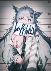 Rule 34 | 1girl, absurdres, animal ears, arknights, bare shoulders, blue eyes, breasts, chain, character name, ear tag, grey eyes, grey hair, hair between eyes, hair ornament, hairclip, height chart, highres, holding, holding chain, huge filesize, jaws (okdol0928), lappland (arknights), long hair, long sleeves, looking at viewer, material growth, mouth hold, mugshot, off shoulder, oripathy lesion (arknights), prison clothes, scar, scar across eye, scar on chest, scar on face, sharp teeth, sign, solo, striped, teeth, teeth hold, wolf ears