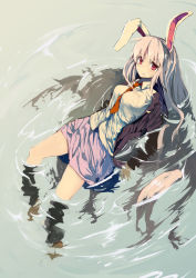 Rule 34 | 1girl, animal ears, blush, breasts, buoyant hair, dress shirt, female focus, long hair, mieharu, necktie, partially submerged, rabbit ears, red eyes, red necktie, reisen udongein inaba, shirt, skirt, solo, touhou, very long hair, water, wet, wet clothes, white hair, white shirt