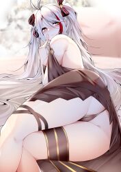 Rule 34 | 1girl, absurdres, ahoge, ass, azur lane, bare shoulders, black dress, black panties, blurry, blurry background, blush, closed mouth, commentary request, dated commentary, day, dress, gem, hair between eyes, hair ribbon, highres, index finger raised, long hair, looking at viewer, lying, on side, panties, prinz eugen (azur lane), ribbon, samip, smile, solo, thigh strap, thighs, underwear, very long hair, white hair