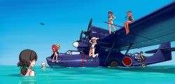 Rule 34 | 6+girls, a5m, absurdres, abyssal ship, aircraft, airplane, bikini, black hair, blonde hair, blue headwear, blue one-piece swimsuit, blue sky, brown hair, commentary request, consolidated pby catalina, daitou (kancolle), day, dress, enemy lifebuoy (kancolle), flying boat, folded ponytail, gambier bay (kancolle), gradient sky, green bikini, hair ornament, hat, hiburi (kancolle), highres, innertube, kantai collection, kasuga maru (kancolle), long hair, multiple girls, ocean, one-piece swimsuit, outdoors, pink bikini, ponytail, porusasu, ro-500 (kancolle), sailor bikini, sailor collar, sailor dress, sailor hat, school swimsuit, shin&#039;you (kancolle), short hair, silver hair, sky, swim ring, swimsuit, vehicle focus, water, white bikini, white headwear, white sailor collar, z1 leberecht maass (kancolle), z3 max schultz (kancolle)