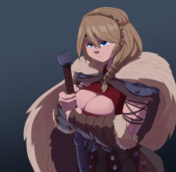 Rule 34 | 1girl, absurdres, astrid hofferson, blonde hair, blue eyes, braid, breasts, cleavage, cloak, fur-trimmed cloak, fur trim, gauntlets, highres, holding, holding weapon, how to train your dragon, huge breasts, inker comics, medium hair, simple background, solo, upper body, weapon