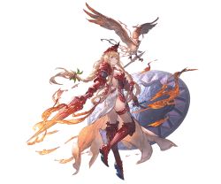 Rule 34 | 1girl, animal, armor, armored boots, armored dress, athena (granblue fantasy), bird, blonde hair, boots, braid, breasts, closed mouth, dress, feathers, full body, gauntlets, granblue fantasy, helmet, holding, holding weapon, long hair, looking at viewer, looking back, minaba hideo, official art, owl, polearm, purple eyes, ribbed dress, shield, shoulder armor, sidelocks, spear, transparent background, twin braids, weapon, wings