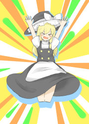 Rule 34 | &gt; &lt;, 1girl, :d, absurdres, apron, black skirt, black vest, blonde hair, blush, bow, buttons, closed eyes, commentary request, cookie (touhou), fang, full body, hat, hat bow, highres, jumping, kirisame marisa, long hair, open mouth, skirt, smile, solo, touhou, uzuki (cookie), vest, waist apron, white apron, white bow, witch hat, yumekamaborosh