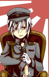 Rule 34 | 1boy, accelerator (toaru majutsu no index), aiguillette, asuta1102, bad id, bad pixiv id, chair, gloves, hat, holding, male focus, military, military hat, military uniform, peaked cap, red eyes, rising sun flag, sitting, solo, sunburst, toaru majutsu no index, uniform, white gloves, white hair