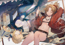 Rule 34 | 2girls, artoria pendragon (all), artoria pendragon (fate), blonde hair, blue dress, clock, clock tower, denim, denim shorts, dress, excalibur (fate/stay night), fate/apocrypha, fate/grand order, fate/stay night, fate (series), green eyes, jacket, kawacy, middle finger, mordred (fate), mordred (fate/apocrypha), mordred (memories at trifas) (fate), multiple girls, navel, saber (fate), short shorts, shorts, stomach, sword, tower, weapon
