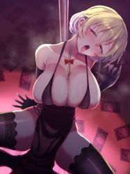 Rule 34 | 1girl, :o, alternate costume, arm up, banknote, black gloves, black thighhighs, blonde hair, blush, breasts, cleavage, collarbone, commentary request, commission, elbow gloves, eyelashes, fellatio gesture, gloves, gomeifuku, hair ribbon, hanging breasts, highres, large breasts, money, no headwear, open mouth, pelvic curtain, pole, purple eyes, red ribbon, ribbon, sidelocks, solo, squatting, stripper pole, teeth, thighhighs, thighs, tongue, tongue out, touhou, tress ribbon, upper teeth only, yakumo yukari