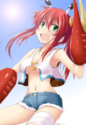 Rule 34 | 1girl, antennae, arthropod girl, bandages, bare shoulders, breasts, cleavage, crab claw, crab girl, crop top, fang, green eyes, ichimi, looking at viewer, midriff, navel, open mouth, red hair, shirt, short shorts, shorts, sleeveless, sleeveless shirt, smile, solo, underboob, v-shaped eyebrows