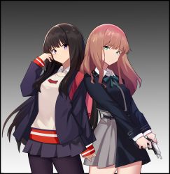 Rule 34 | 2girls, absurdres, adjusting hair, backpack, bag, black hair, black pantyhose, blue jacket, collared shirt, cosplay, costume switch, crossover, gradient background, green eyes, gridman universe, gun, highres, holding, holding gun, holding weapon, inoue takina, jacket, light brown hair, long hair, lycoris recoil, minami yume, multiple girls, pantyhose, pleated skirt, purple eyes, shirt, skirt, sleeves past wrists, ssss.dynazenon, trait connection, voice actor connection, weapon, zhanzhangzlw