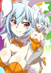Rule 34 | 1girl, animal ears, blue hair, bow, bowtie, breasts, cleavage, commentary request, covered navel, detached collar, fake animal ears, fishnet pantyhose, fishnets, foreshortening, high heels, infinite stratos, kuroda ariake, large breasts, leotard, looking at viewer, multiple views, one eye closed, orange bow, orange bowtie, orange footwear, orange leotard, pantyhose, playboy bunny, pointing, rabbit ears, rabbit tail, red eyes, sarashiki tatenashi, short hair, side-tie leotard, standing, standing on one leg, strapless, strapless leotard, tail, wrist cuffs, zoom layer
