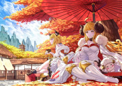 Rule 34 | 3girls, absurdres, ahoge, anila (granblue fantasy), animal, animal ears, autumn leaves, bare shoulders, black legwear, blonde hair, blush, bowl, breasts, brown footwear, building, cleavage, closed eyes, closed mouth, commentary request, crop top, curled horns, day, dog ears, dress, fur trim, granblue fantasy, hair ornament, hairclip, highres, holding, holding bowl, horns, lap pillow, large breasts, loafers, long hair, long sleeves, lying, midriff, multiple girls, navel, oil-paper umbrella, on side, outdoors, pleated skirt, profile, red umbrella, sheep, sheep horns, shirt, shoes, short eyebrows, skirt, smile, socks, thick eyebrows, tree, umbrella, vajra (granblue fantasy), very long hair, vikala (granblue fantasy), wang man, white dress, white hair, white shirt, white skirt, wide sleeves, yellow eyes