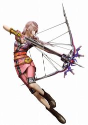 Rule 34 | 3d, alternate costume, boots, bow (weapon), crossbow, final fantasy, final fantasy xiii, final fantasy xiii-2, official art, pink hair, serah farron, side ponytail, simple background, smile, solo, weapon
