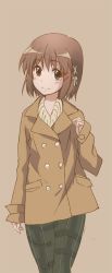 Rule 34 | 1girl, brown eyes, brown hair, coat, mokkei, pants, plaid, plaid pants, shakugan no shana, short hair, yoshida kazumi