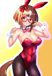Rule 34 | 1girl, animal ears, black pantyhose, bow, bowtie, breasts, brown hair, contrapposto, covered navel, detached collar, fake animal ears, glasses, gradient background, horse ears, horse girl, horse tail, kisaragi shokuin, large breasts, leotard, looking at viewer, multicolored hair, pantyhose, playboy bunny, rabbit ears, red-framed eyewear, red bow, red bowtie, red eyes, red leotard, short hair, solo, strapless, strapless leotard, tail, transcend (umamusume), two-tone hair, umamusume, white hair, wrist cuffs, yellow background