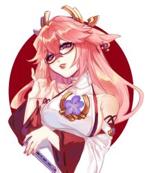 Rule 34 | 1girl, animal ears, araimin, bespectacled, blouse, commentary, detached sleeves, earrings, english commentary, fox ears, genshin impact, glasses, highres, japanese clothes, jewelry, kimono, long hair, low-tied long hair, miko, nail polish, pink hair, pink nails, priestess, purple eyes, red-framed eyewear, shirt, solo, white shirt, yae miko