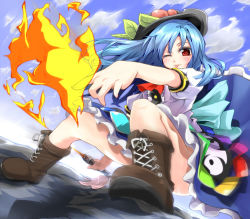 Rule 34 | 1girl, ;p, blue hair, boots, female focus, food, fruit, hat, hinanawi tenshi, long hair, one eye closed, outdoors, peach, red eyes, sky, solo, sword, sword of hisou, tongue, tongue out, touhou, weapon, wink, yamu (yamuyama web)