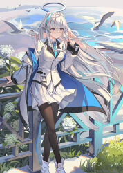 Rule 34 | 1girl, al guang, bird, blue archive, blue necktie, breasts, flower, formal, full body, grey hair, halo, highres, id card, jacket, jacket partially removed, mechanical halo, medium breasts, necktie, noa (blue archive), outdoors, pantyhose, purple eyes, seagull, skirt, smile, solo, suit, two-sided fabric, two-sided jacket, white jacket, white skirt, white suit