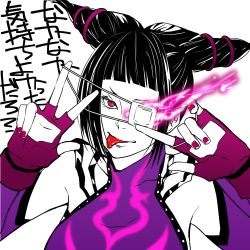 Rule 34 | 1girl, bad id, bad pixiv id, bare shoulders, black hair, detached sleeves, drill hair, energy, eyepatch, female focus, fingerless gloves, gloves, glowing, glowing eye, halterneck, halterneck, han juri, looking at viewer, lowres, nail polish, partially colored, purple nails, sasaki (sid328), solo, street fighter, street fighter iv (series), tongue, tongue out, twin drills, v, white background