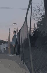 Rule 34 | 1boy, breath, dusk, from side, full body, haragayowainja, highres, looking up, male focus, original, outdoors, profile, solo, wire fence