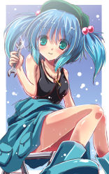 Rule 34 | 1girl, aqua eyes, black shirt, blue background, blue hair, boots, breasts, cleavage, dripping, glint, gradient background, hair bobbles, hair ornament, hat, kawashiro nitori, key, knees together feet apart, looking at viewer, shirt, sitting, sketch, skirt, smile, solo, tank top, touhou, two side up, wet, wrench, yamu (reverse noise)