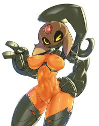 Rule 34 | &gt; o, 1girl, black hair, breasts, cleft of venus, closed mouth, colored skin, elly (pochincoff), forehead jewel, hand on own hip, humanoid robot, large breasts, looking at viewer, nipples, one eye closed, orange skin, original, oversized forearms, oversized limbs, pochincoff, ponytail, pussy, robot, simple background, smile, solo, v, white background