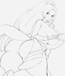 Rule 34 | 1girl, absurdres, ass, breasts, fatal fury, hand fan, highres, huge ass, large breasts, long hair, looking back, monochrome, paper fan, ponytail, shiranui mai, sketch, smile, solo, tagme, thanuki, the king of fighters, thick thighs, thighs, wide hips
