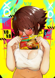 Rule 34 | 1girl, ahoge, blush, bottomless, breasts, breasts squeezed together, brown hair, cleavage, covered mouth, food, highres, holding, instant ramen, liz (nin fake), looking at viewer, navel, nin fake, original, out-of-frame censoring, pack noodles, red-tinted eyewear, red eyes, round eyewear, short hair, solo, sports bra, symbol-shaped pupils, tinted eyewear, upper body, white sports bra, yellow background