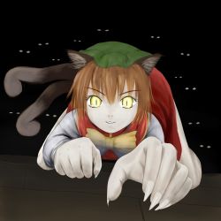 Rule 34 | 1girl, advancing, all fours, animal ears, bad id, bad pixiv id, bow, brown hair, cat, cat ears, cat tail, chen, crawling, creepy, female focus, foreshortening, full body, glowing, glowing eyes, hat, horror (theme), looking at viewer, multiple tails, rape face, short hair, smile, solo, tail, touhou, yellow eyes, zzzz