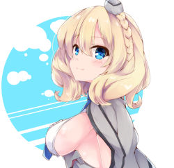 Rule 34 | 1girl, blonde hair, blue eyes, blue necktie, blush, braid, breasts, capelet, closed mouth, colorado (kancolle), fuuna, garrison cap, hair between eyes, hat, headgear, kantai collection, large breasts, looking at viewer, necktie, short hair, side braids, sideboob, smile, solo