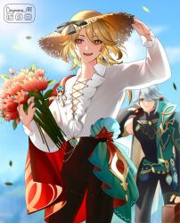 Rule 34 | 2boys, :d, alhaitham (genshin impact), artist name, asymmetrical sidelocks, blonde hair, blue sky, bouquet, cape, commentary, compression shirt, cowboy shot, day, deymara, earrings, english commentary, flower, gem, genshin impact, gold earrings, gold trim, green cape, green eyes, green gemstone, hat, highres, holding, holding bouquet, holding suitcase, jewelry, kaveh (genshin impact), leaf, long hair, looking at viewer, male focus, multiple boys, one eye covered, open mouth, outdoors, red cape, red eyes, red flower, shirt, short hair, side cape, single earring, sky, smile, standing, straw hat, suitcase, teeth, upper teeth only, watermark, white hair, white shirt