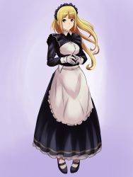 Rule 34 | 1girl, apron, black footwear, black shirt, black skirt, blonde hair, blue background, blue eyes, floating hair, frilled apron, frilled skirt, frills, full body, gloves, highres, kyer0704, long skirt, long sleeves, looking at viewer, maid, maid headdress, mary janes, overlord (maruyama), shirt, shoes, skirt, solo, standing, tsuareninya veyron, victorian maid, waist apron, white apron, white gloves