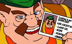 Rule 34 | archived source, blue eyes, brown hair, business card, card, derivative work, english text, facial hair, fat, fat man, feathers, green headwear, hat feather, holding, holding card, link: the faces of evil, male focus, meme, morshu, mustache, nintendo, parody, pointy ears, purple feathers, solo, soredemo tsuma o aishiteru, takabe torao, teeth, the legend of zelda, the legend of zelda (cd-i), ugly man, upper teeth only
