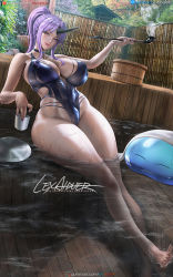 Rule 34 | 1girl, 1other, arm up, bath, bathhouse, black horns, black nails, black one-piece swimsuit, branch, breasts, cleavage, cup, curvy, day, dripping, female focus, highleg, highleg swimsuit, holding, holding cup, horn, horns, in water, large breasts, leaf, legs together, lexaiduer, long hair, looking at viewer, nail polish, one-piece swimsuit, oni, oni girl, oni horn, oni horns, outdoors, pink lips, plump, ponytail, purple eyes, purple hair, purple nails, purple toenails, realistic, rimuru tempest, shion (tensei shitara slime datta ken), single horn, smile, smoke, smoking pipe, solo, swimsuit, tensei shitara slime datta ken, thick thighs, thighs, tree, water, wet, wide hips