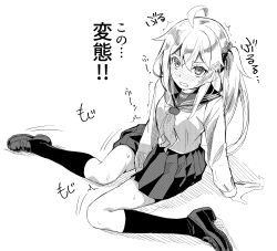 Rule 34 | 1girl, ahoge, arm support, between legs, blush, breasts, clenched teeth, female focus, from above, full body, greyscale, hair ornament, hairclip, hand between legs, have to pee, highres, kneehighs, long hair, looking at viewer, looking up, monochrome, necktie, pleated skirt, ponytail, sailor collar, scrunchie, shirono mirai, shirt, shoes, side ponytail, simple background, sitting, skirt, small breasts, socks, solo, sweat, teeth, text focus, translation request, trembling, white background, white shirt, zero (miraichizu)