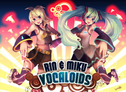 Rule 34 | 2girls, :d, aqua hair, belt, black skirt, blonde hair, blue eyes, buckle, buttons, character name, detached sleeves, fcp, hatsune miku, head tilt, kagamine rin, langewong, leg up, long hair, long sleeves, looking at viewer, midriff, multiple girls, navel, open mouth, pleated skirt, sailor collar, school uniform, serafuku, short hair, short shorts, shorts, skirt, smile, standing, standing on one leg, stomach, twintails, very long hair, vocaloid