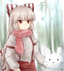 Rule 34 | 1girl, bamboo, bamboo forest, bow, commentary request, forest, fujiwara no mokou, grey hair, grey shirt, hair bow, highres, koto (shiberia39), long hair, long sleeves, nature, pants, pink scarf, red eyes, red pants, scarf, shirt, smile, snowman, solo, suspenders, touhou, very long hair